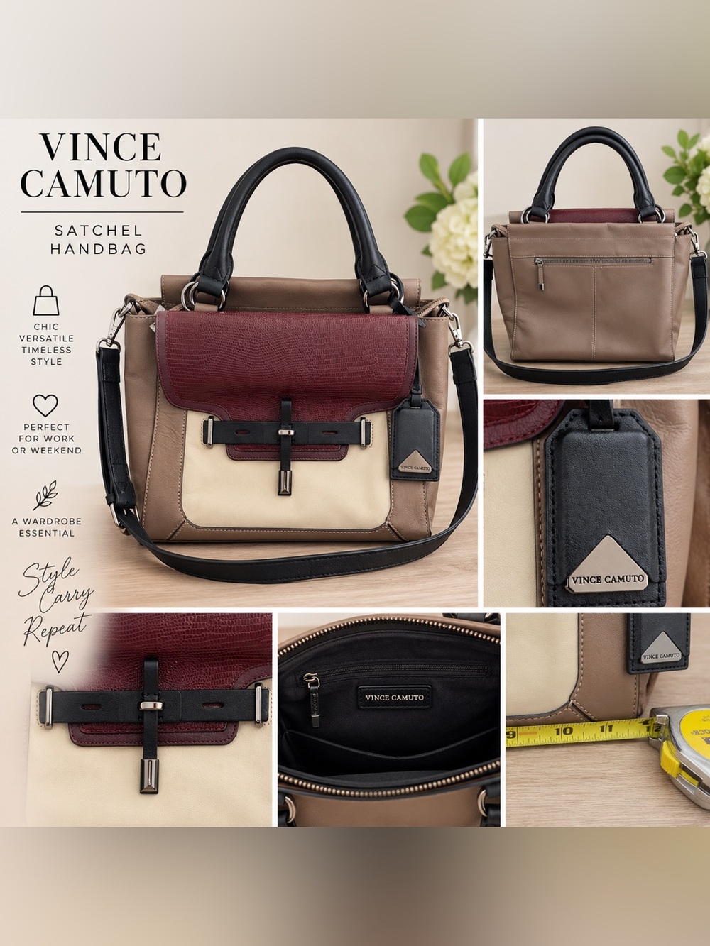Vince Camuto Tri-Tone Leather Satchel in Taupe, Cream & Burgundy